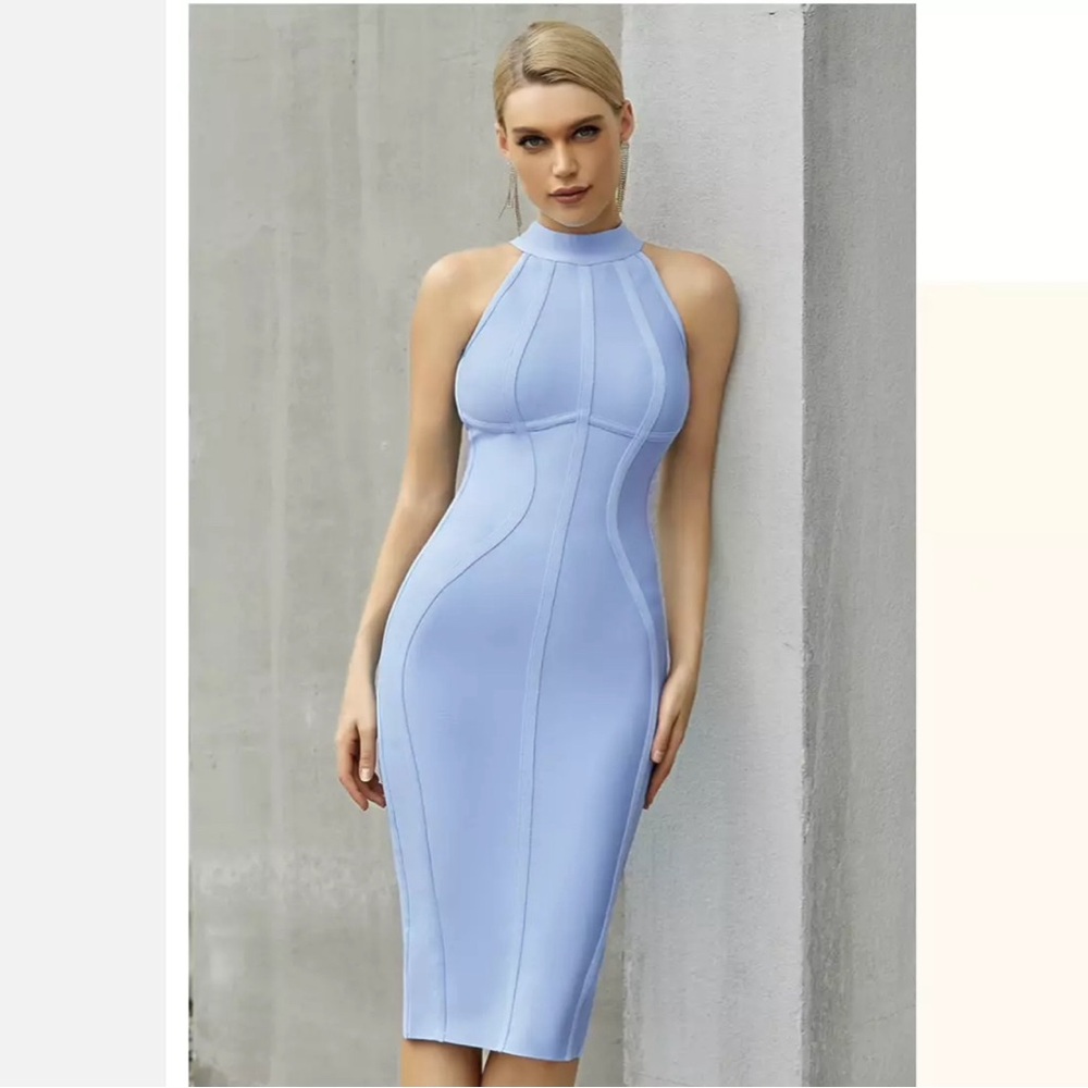 NEW! DESIGNER COUTURE LIGHT BLUE HALTER BANDAGE DRESS HIGH NECK DRESS BABY BLUE